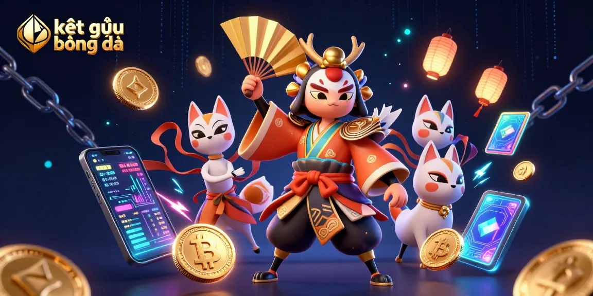 Engage in kết quả bóng đá with interactive 3D casino-themed illustration featuring kabuki warriors and crypto elements.