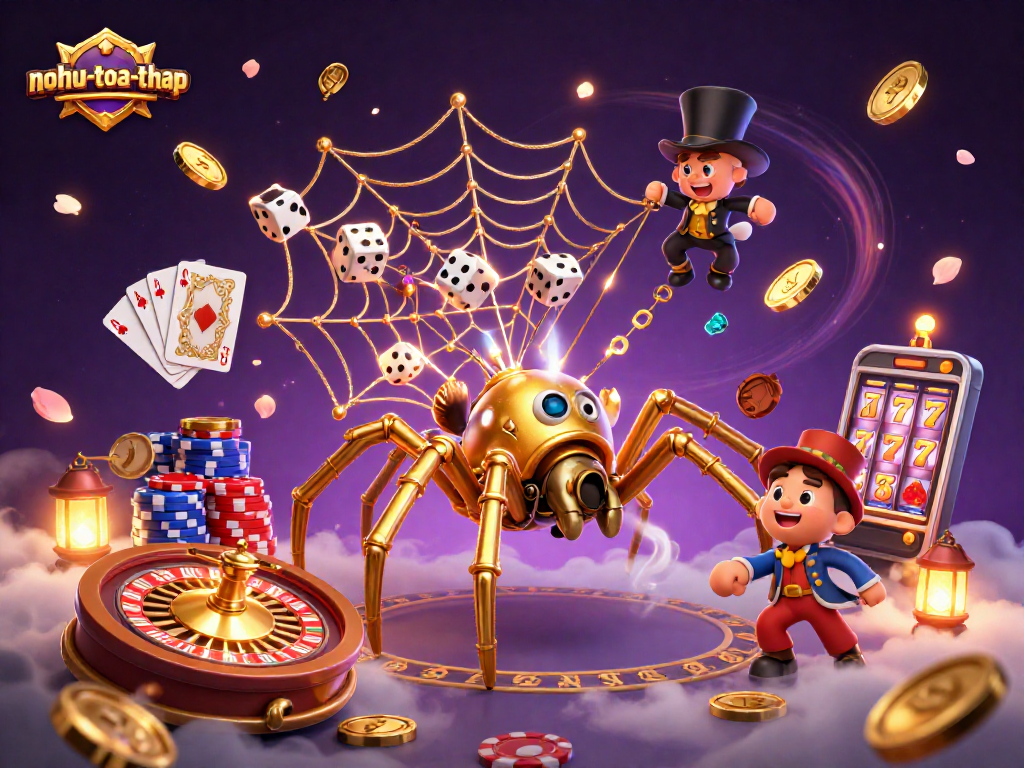 Experience big wins in nohu-toa-thap with a mesmerizing 3D illustration of golden web and casino elements.