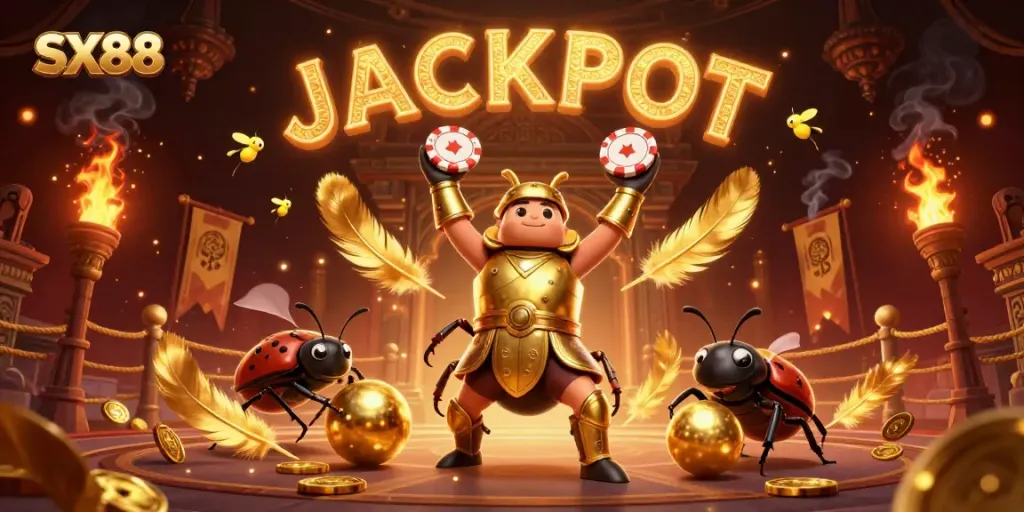 SX88 captivates with a heroic beetle championing victory amid golden gaming tokens and dynamic flames.