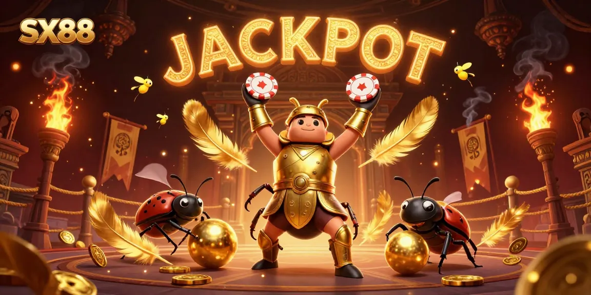 SX88 captivates with a heroic beetle championing victory amid golden gaming tokens and dynamic flames.