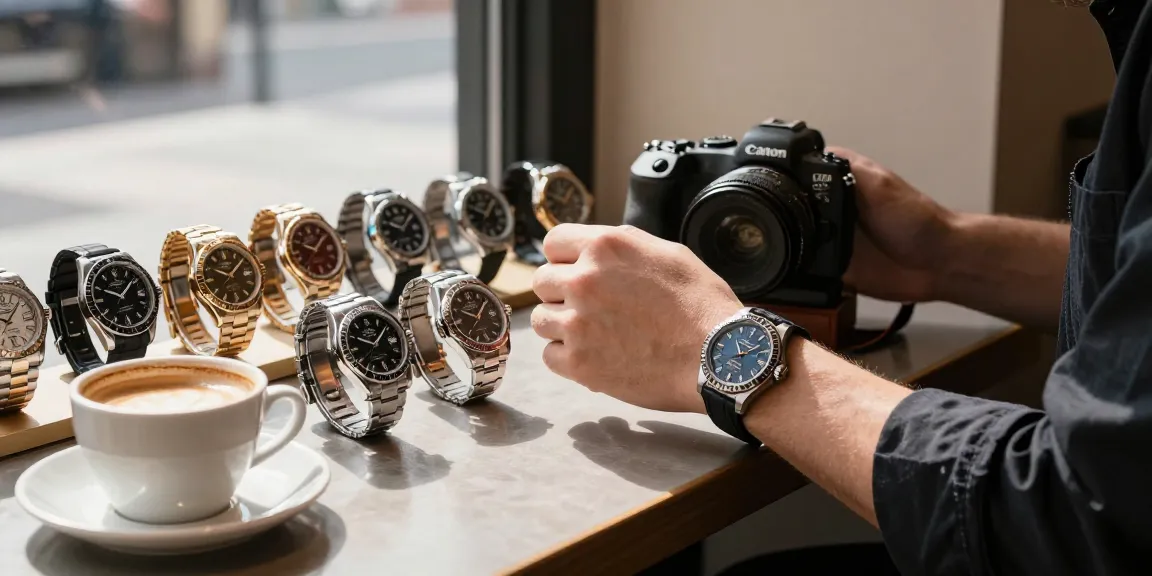 Admiring super clone watches in a stylish urban café setting.