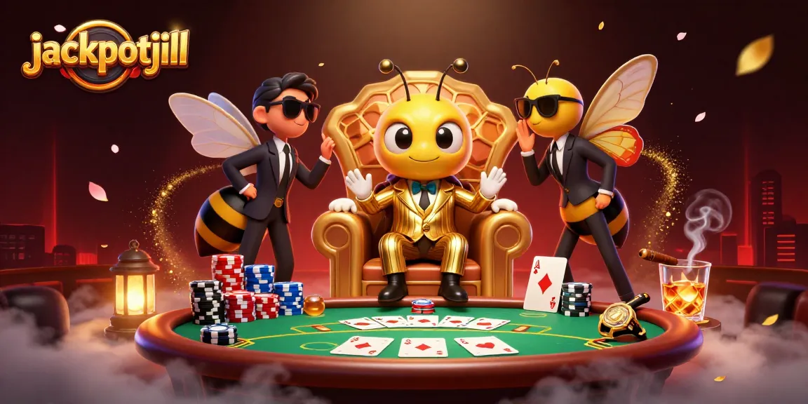 Engage with jackpotjill's vibrant poker scene featuring a cartoon bumblebee mob boss and his entourage.