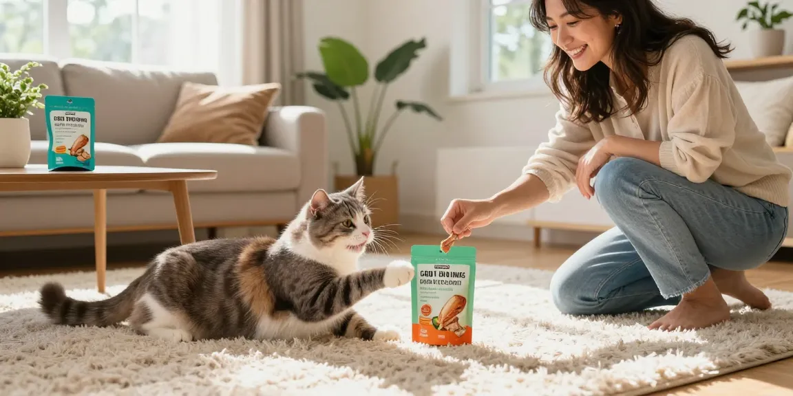 Visual of relaxed cat with cbd cat treats canada package in cozy living room