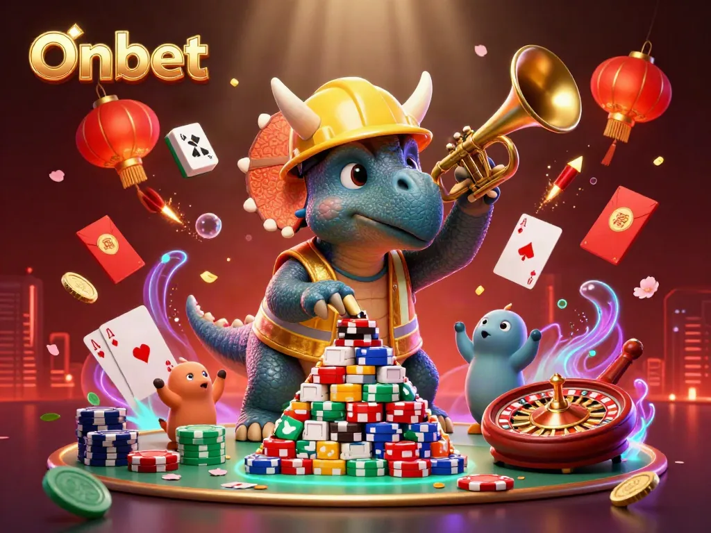 Onbet celebrates gambling excitement with a vibrant scene of detailed cartoon dinosaurs building poker chip pyramids.