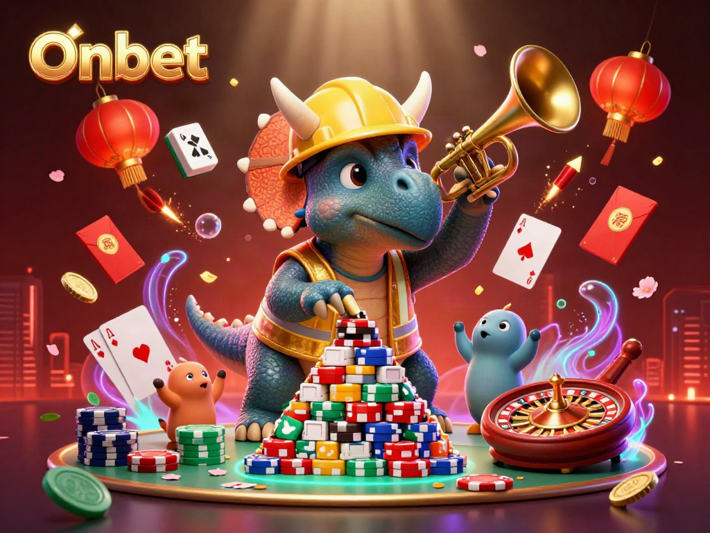 Onbet celebrates gambling excitement with a vibrant scene of detailed cartoon dinosaurs building poker chip pyramids.