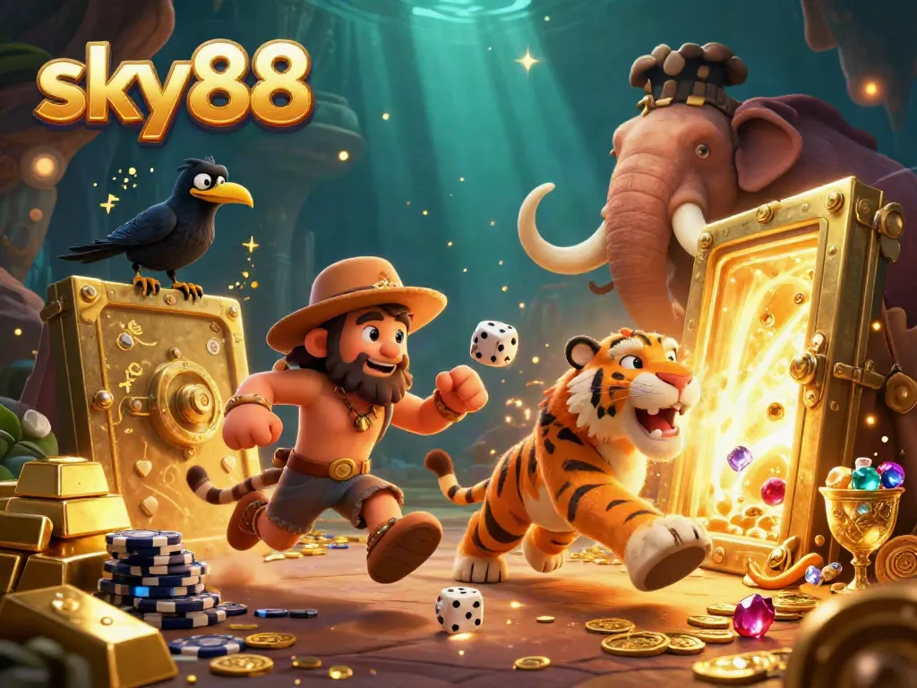 Sky88's thrilling casino scene with prehistoric characters engaging players in an exciting gaming environment.