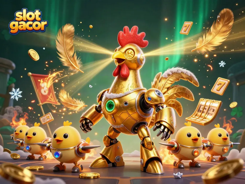 Engage with the thrilling slot gacor experience through a vibrant 3D casino scene featuring a golden rooster robot.