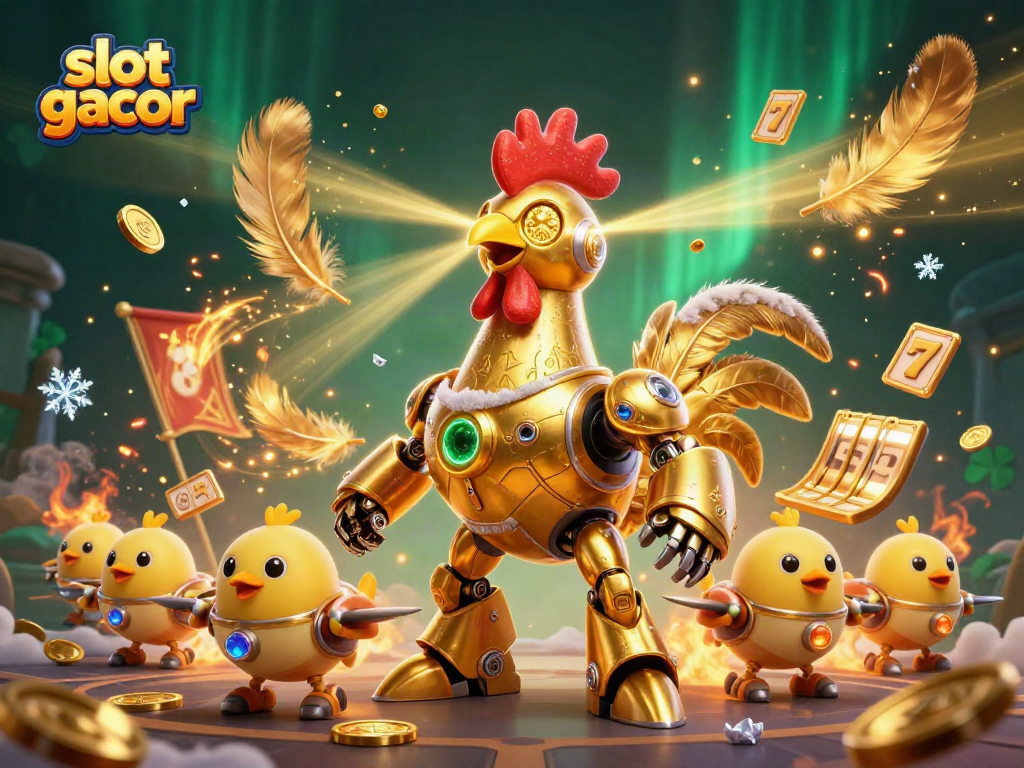 Engage with the thrilling slot gacor experience through a vibrant 3D casino scene featuring a golden rooster robot.