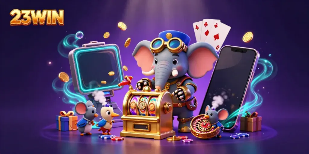 Experience thrilling gaming with 23WIN in a vibrant steampunk casino adventure scene.