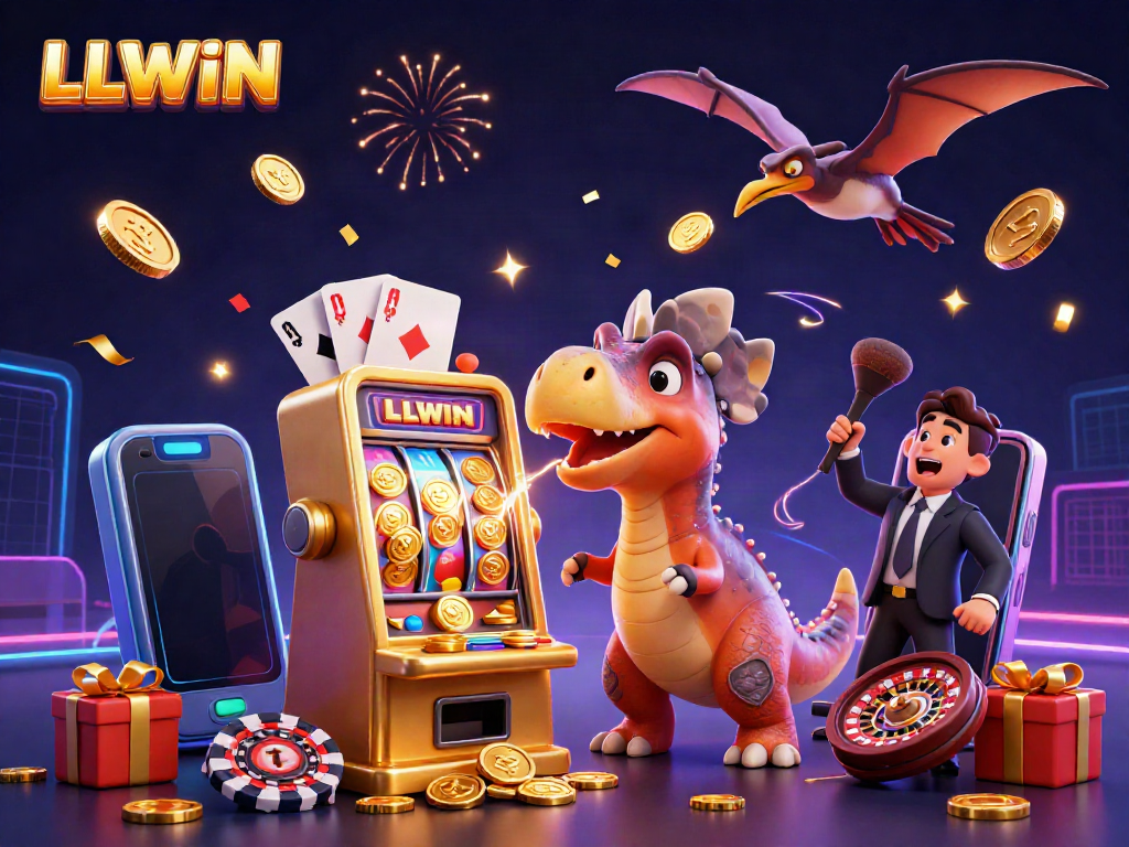 Experience LLWIN's thrilling jackpots as a pachycephalosaurus hits a golden slot machine among flying coins.