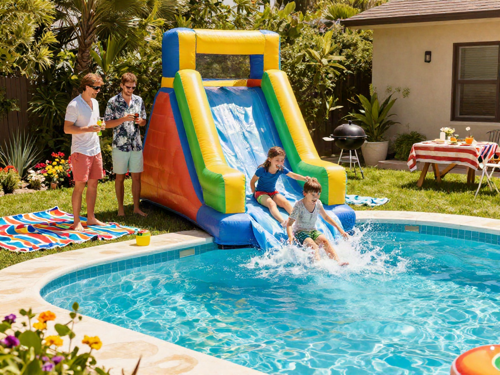 Excited children and adults enjoying a colorful inflatable water slide in a sunny backyard.