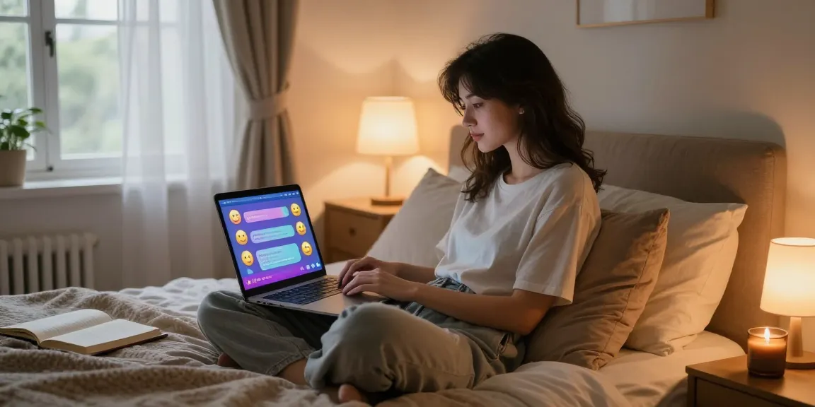 Engaging ai sex chat scene in a cozy bedroom with a young woman on her laptop.