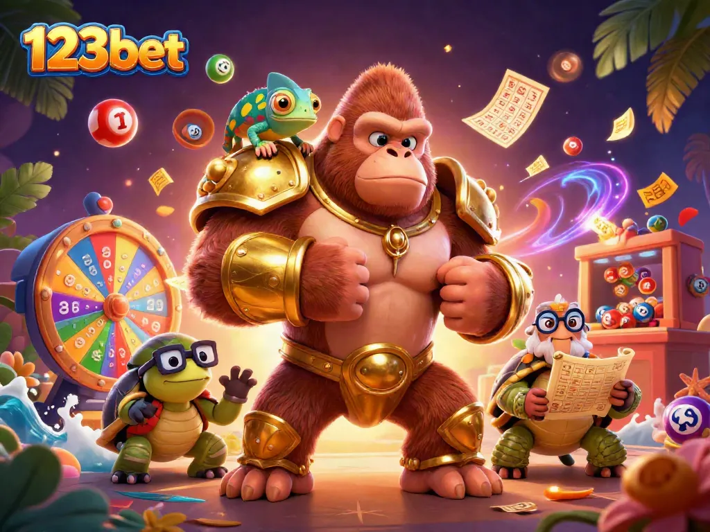 Experience the excitement of 123bet with a vibrant scene of a king gorilla, chameleon, and tortoise in a colorful casino.