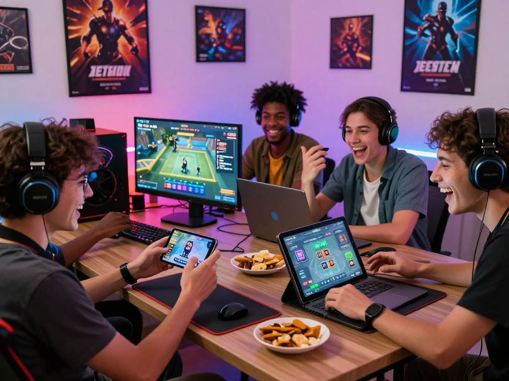 Friends enjoying mobile porn games on various devices in a lively gaming room.