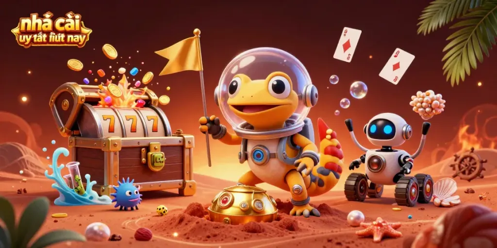 Experience the excitement of nhà cái cá cược uy tín hiện nay with a vibrant 3D casino scene featuring a Martian gecko and treasures.