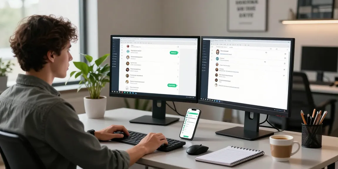 Using WhatsApp電腦版 on a modern desktop in a bright office setting.