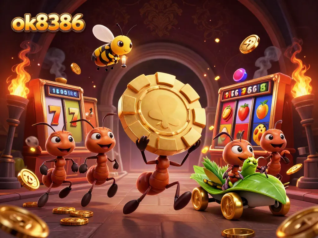 Experience thrilling gameplay at ok8386 with ants heisting a giant poker chip amid dazzling casino visuals.