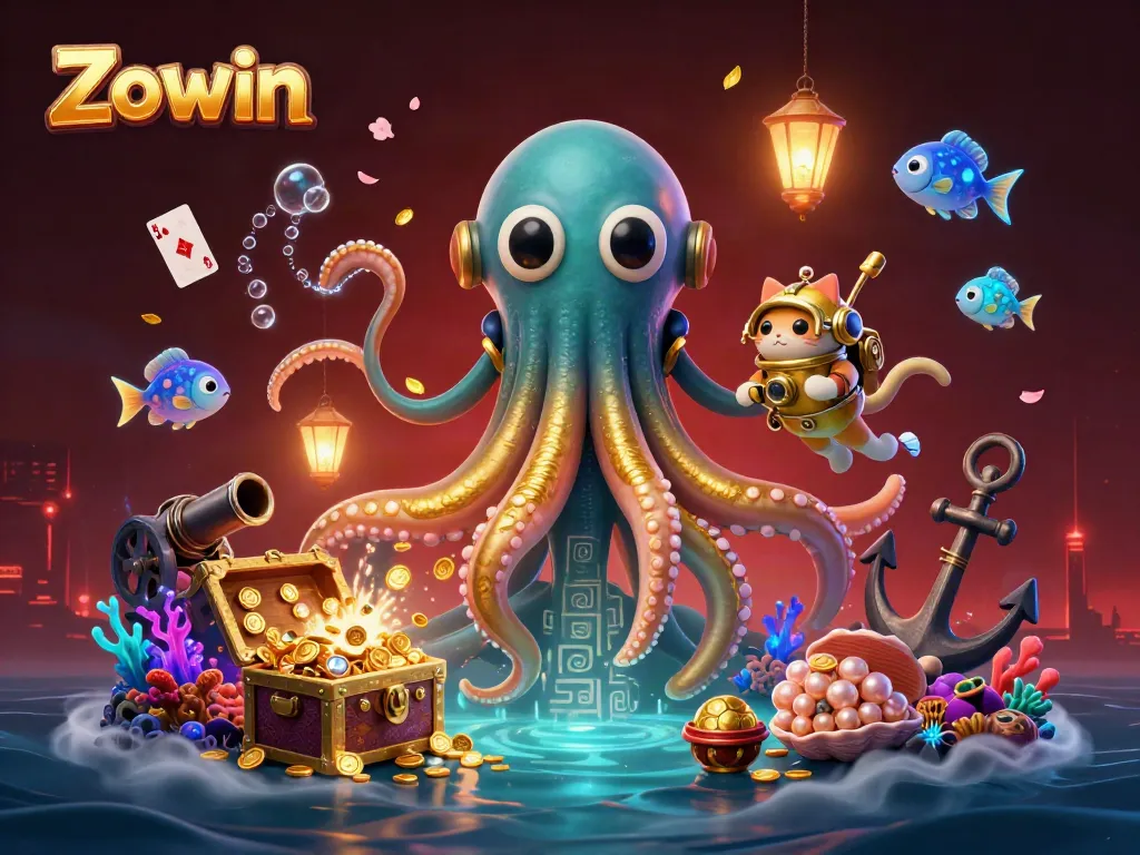Zowin captivating 3D illustration showcasing a kraken and diving cat surrounded by casino elements.