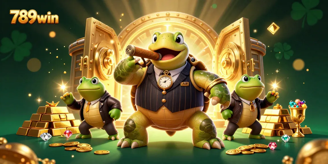 Experience the excitement of 789win with this vibrant casino scene featuring a mobster turtle and bullfrogs.