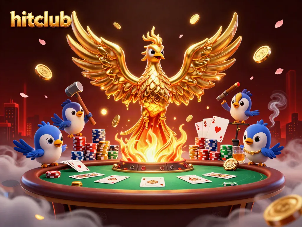 Engage with hitclub's vibrant gaming scene featuring an animated molten metal phoenix with poker elements.