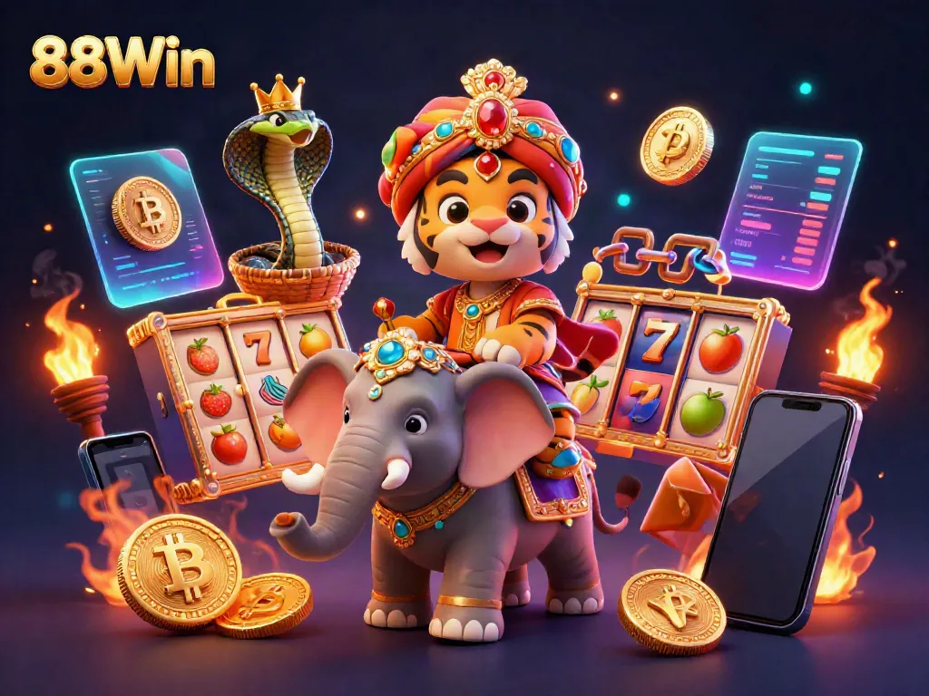 Experience the vibrant gameplay at 88Win with a dynamic 3D illustration of an adventurous maharaja tiger and treasure symbols.