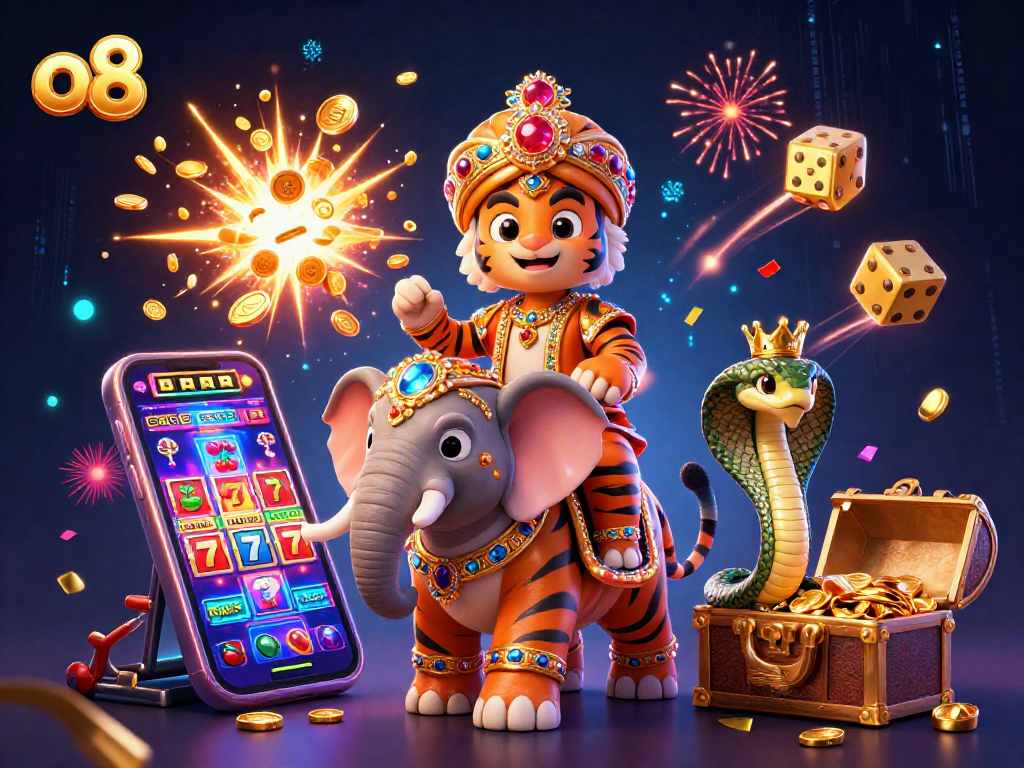 Engage with exciting games at o8, featuring a vibrant scene with a jackpot explosion and colorful slots.