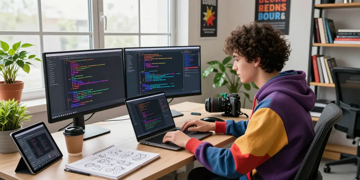 Tech workspace with a developer using an AI image generator on dual monitors, emphasizing creativity in software coding.