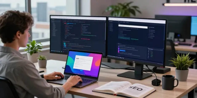 Modern workspace illustrating instant indexing strategies with multiple screens and coding tools.
