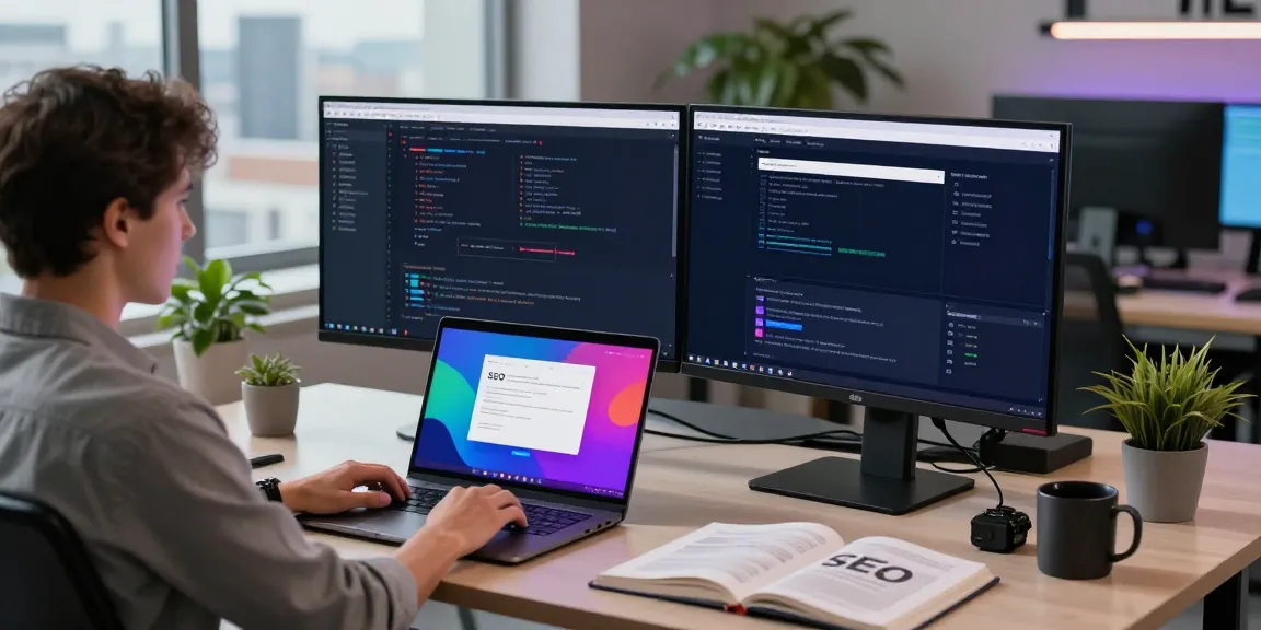 Modern workspace illustrating instant indexing strategies with multiple screens and coding tools.
