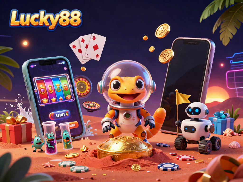 Experience Lucky88 with a vibrant 3D Martian scene filled with golden casino treasures and animated game elements.