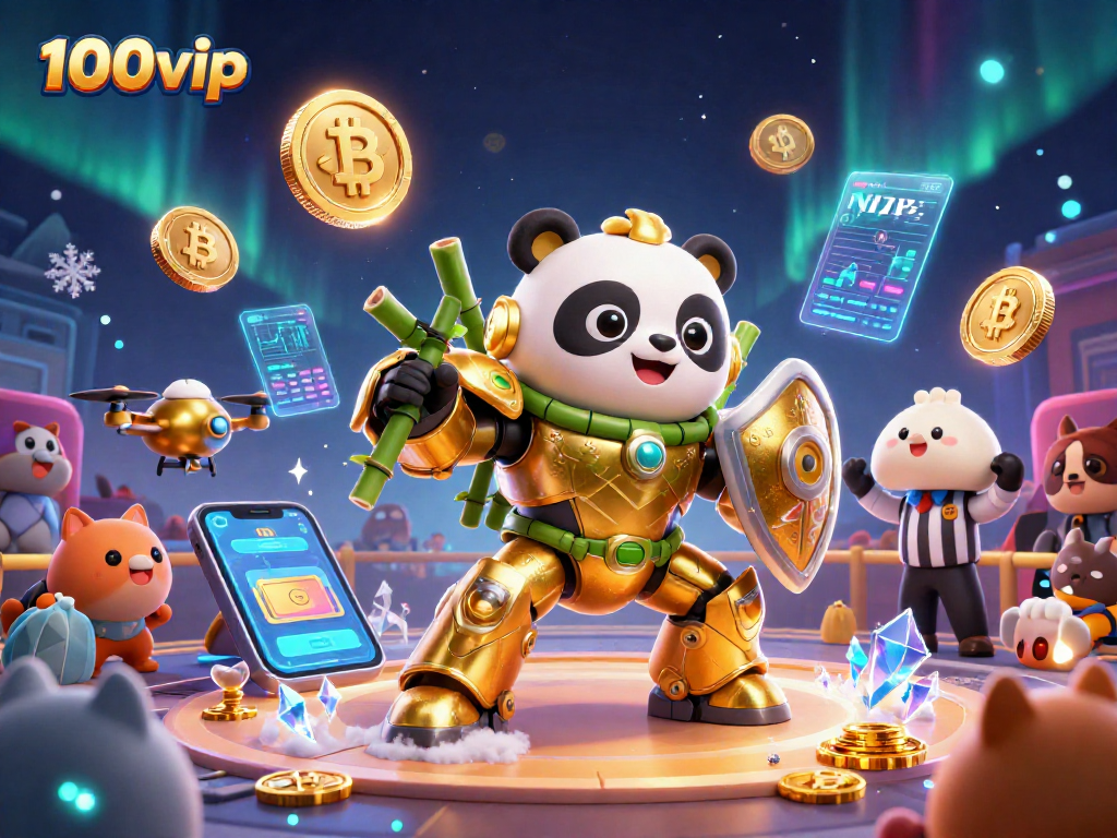 Engage in thrilling gameplay at 100vip with a vibrant scene showcasing a mech-suit panda and cryptocurrency.