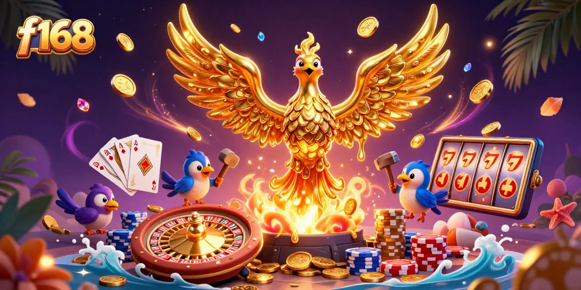 Experience vibrant gaming excitement with f168, featuring a phoenix made of molten gold in a thrilling casino scene.