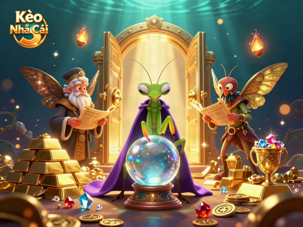 Experience the enchanting world of Kèo Nhà Cái 5 with a mystical fortune teller and a librarian, surrounded by treasures.