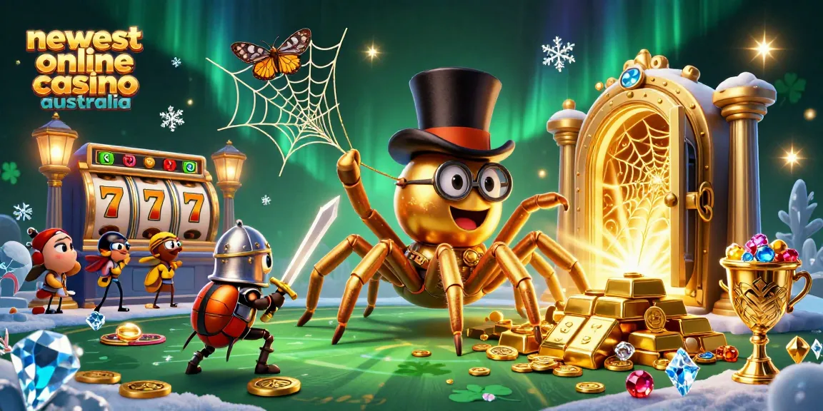 Experience the newest online casino Australia scene with a golden tarantula and beetle knight amidst sparkling treasures.