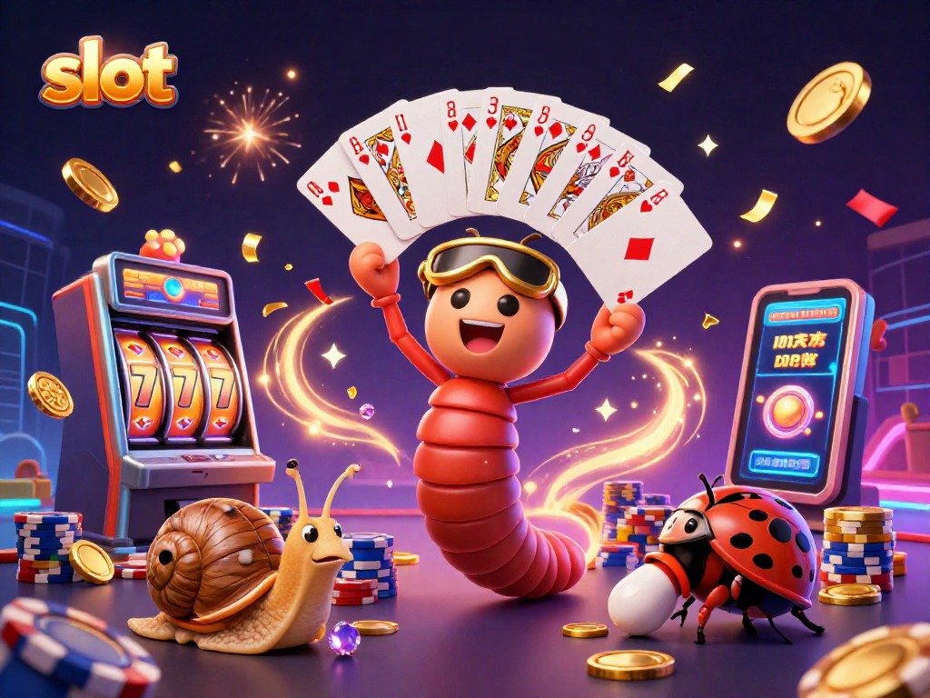 Spin the slot reels in a vibrant casino scene featuring a millipede dealer and a high-roller snail.
