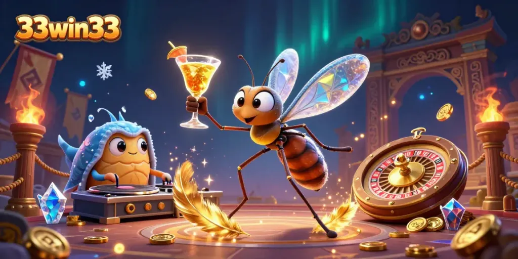 Engage with thrilling 33win33 gaming as lively characters showcase a vibrant casino scene.