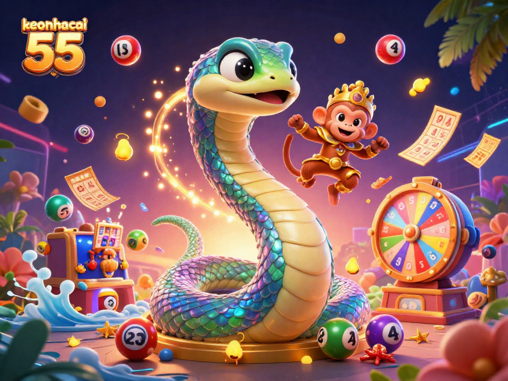 Engage with keonhacai 55 through vibrant casino elements featuring a playful monkey king and dynamic lottery elements.