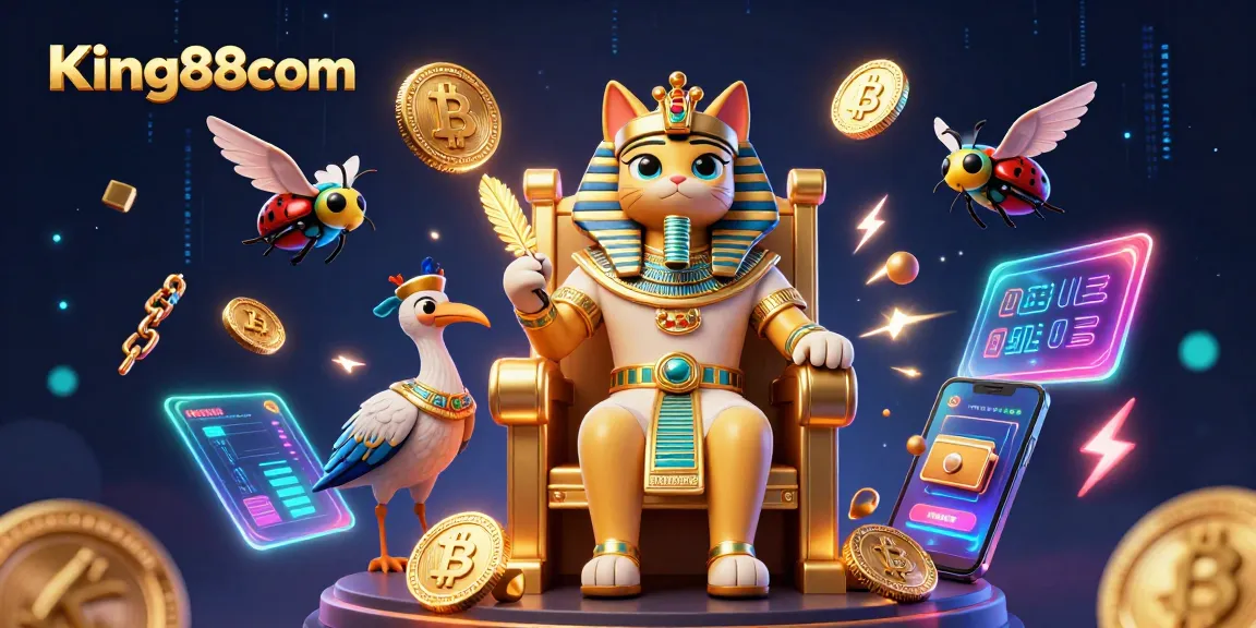 Engage with King88com's thrilling gaming experience featuring a pharaoh cat and crypto elements.