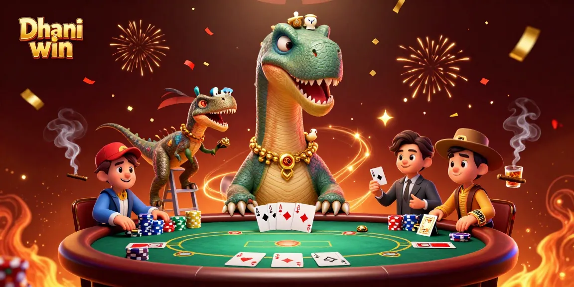 Dhani win offers thrilling card games on a vibrant casino skyline with animated characters.