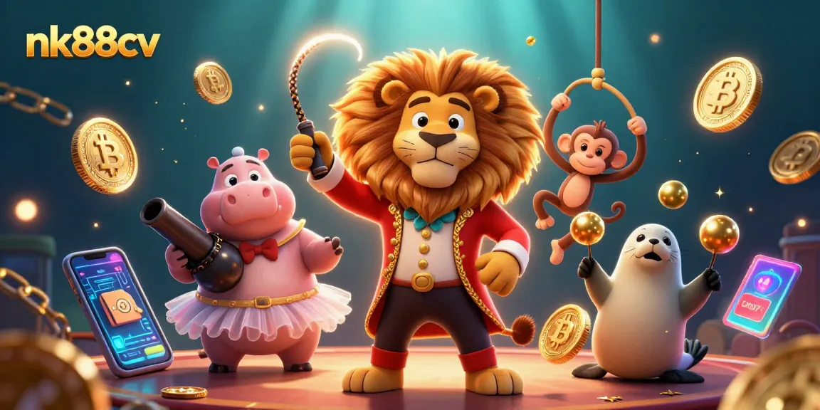 Engage with nk88cv's thrilling gaming adventure featuring vibrant casino elements in a colorful circus illustration.