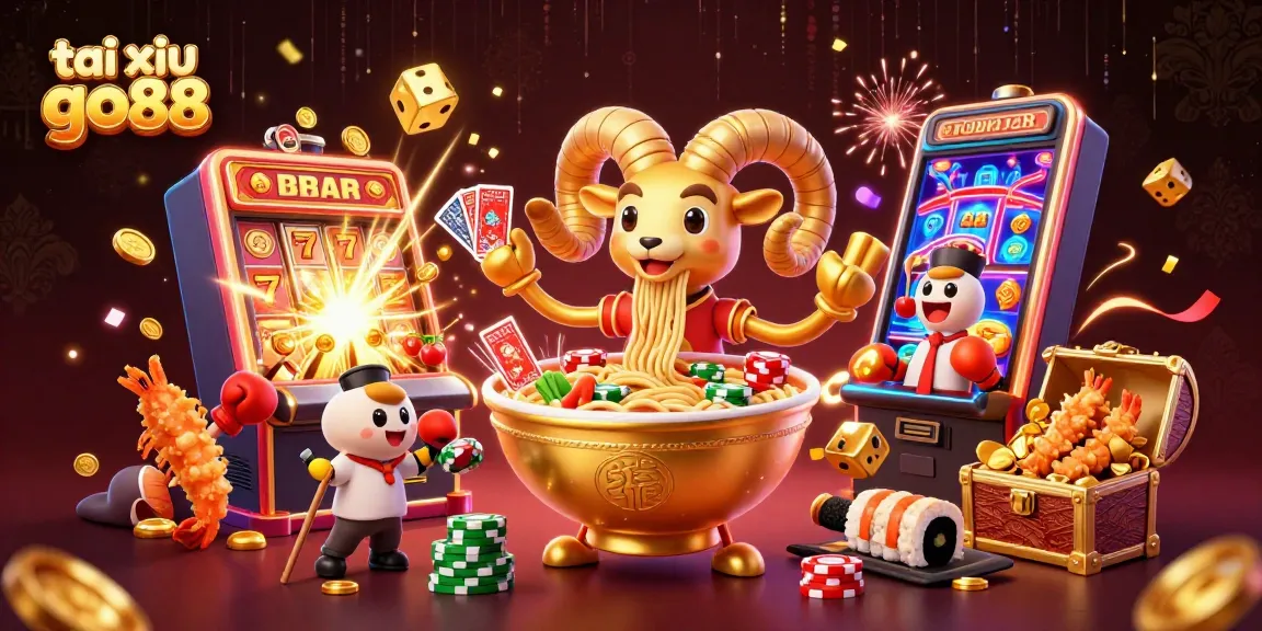 Tai xiu go88 action-packed illustration showcasing a golden ramen bowl dealer stacked with chips and cards.