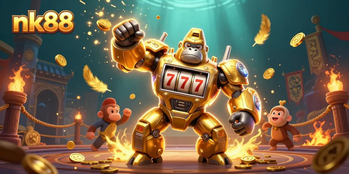 Explore nk88's thrilling gaming universe with a dynamic illustration featuring a golden gorilla mech.