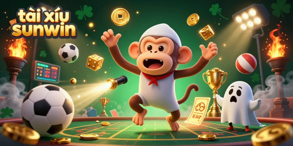 Experience the thrills of tài xỉu sunwin with our playful poltergeist monkey and ghost-hunter puppy in a vibrant casino scene.