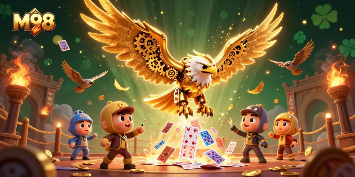 M98 showcases a magnificent eagle diving through holographic cards amidst a dynamic casino battle.