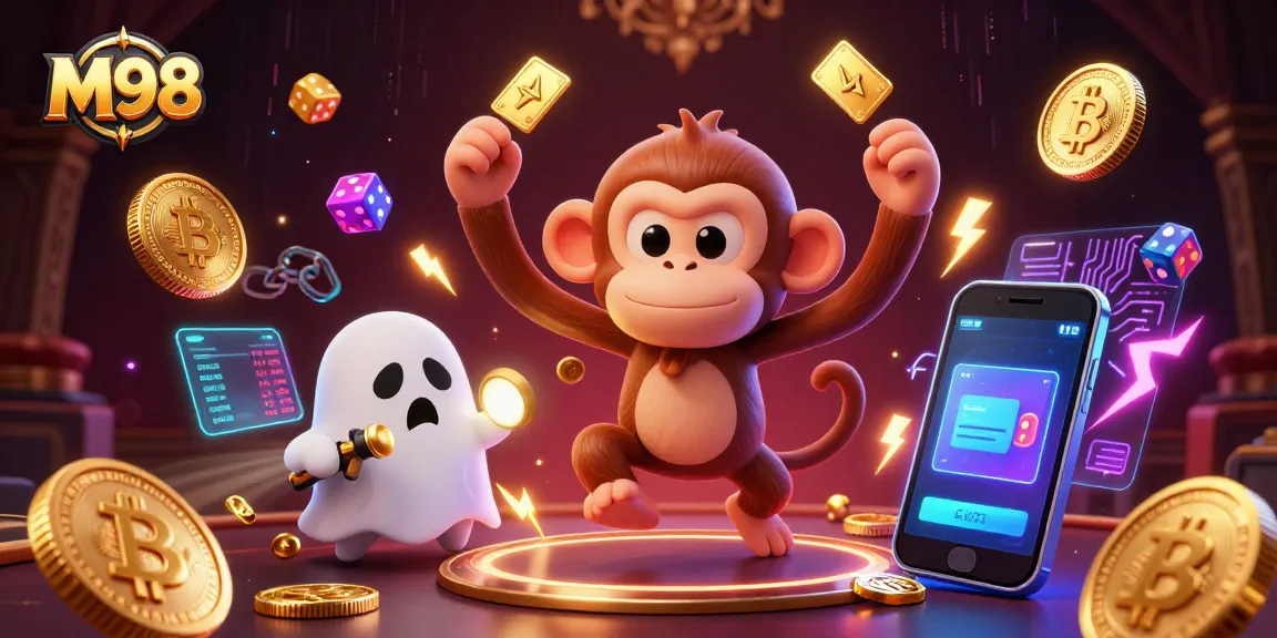 M98 introduces a playful scene with a ghostly monkey and curious puppy in an electrifying casino environment.