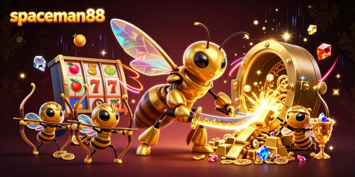 Engage with the ultimate gaming experience at spaceman88, showcasing vibrant slot elements and a golden hornet hero.