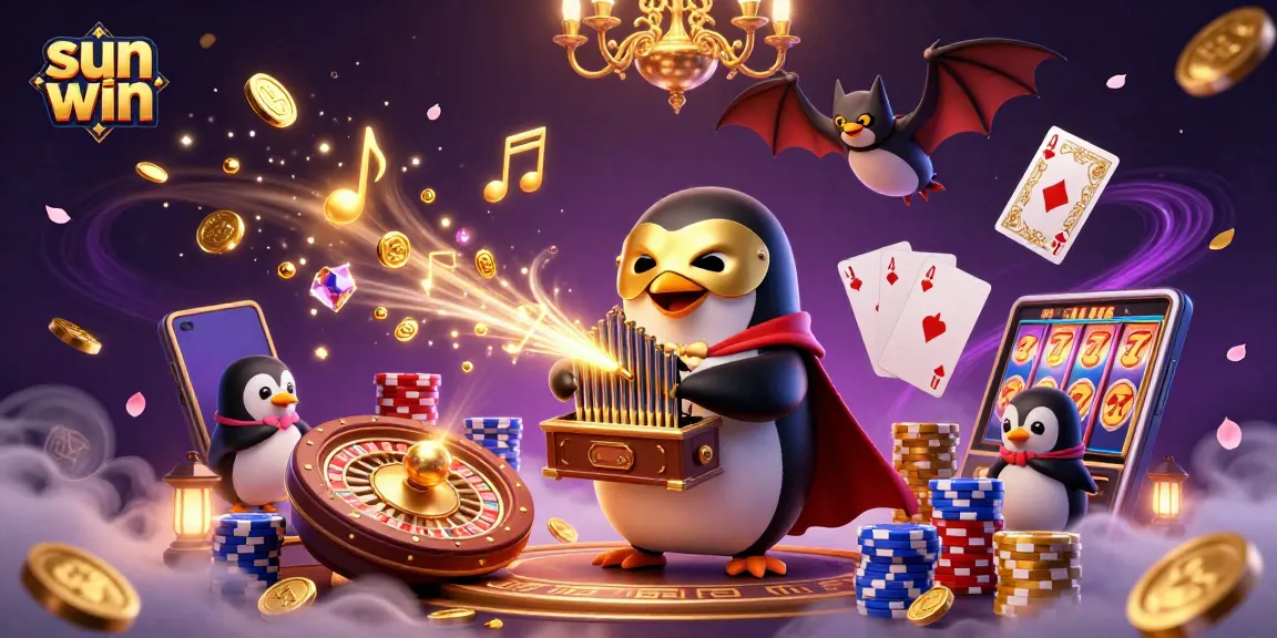 Experience sun win excitement with a vibrant scene of a penguin and acrobat amidst cascading coins and game elements.